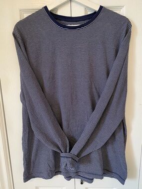 Boden Cotton Crew Long Sleeve Top Navy Ivory Stripe Size Large Breton Coastal